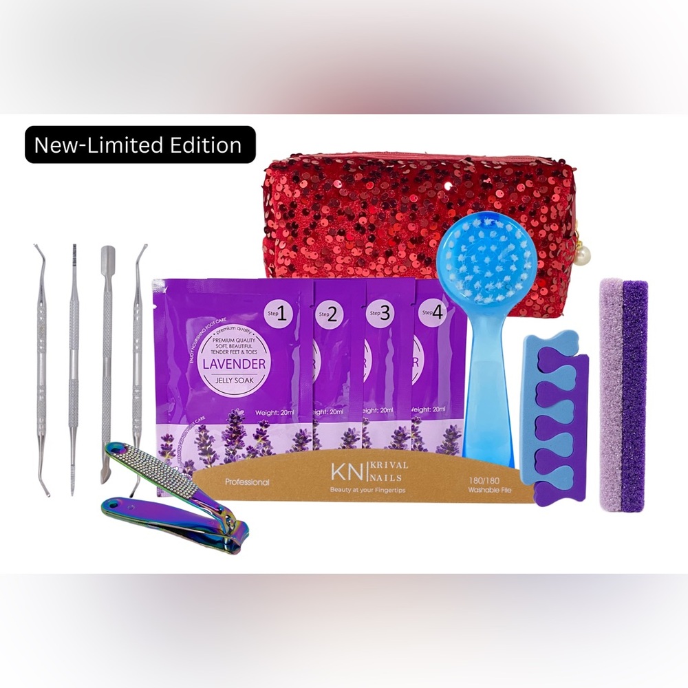 Lavender Pedicure Set in Red Velvet Sequins Makeup Bag